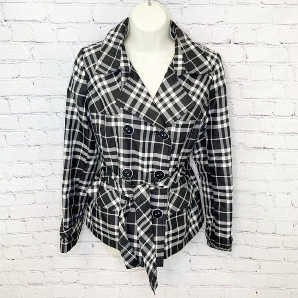 GIACCA BLACK & WHITE PLAID DOUBLE BREASTED RAINCOAT JACKET - SMALL